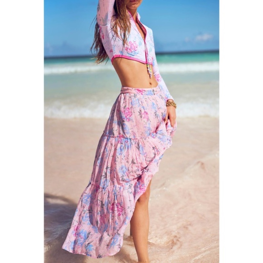 Beautiful Island Vibes LoveShackFancy Haru Silk-Blend Floral Skirt w Slit